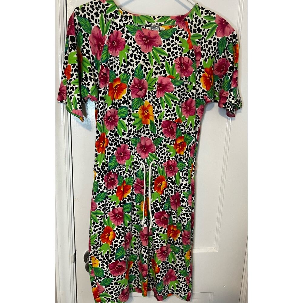 Vintage 80s Black White Pink Picone Sport Leopard Floral Mini Dress Summer Small